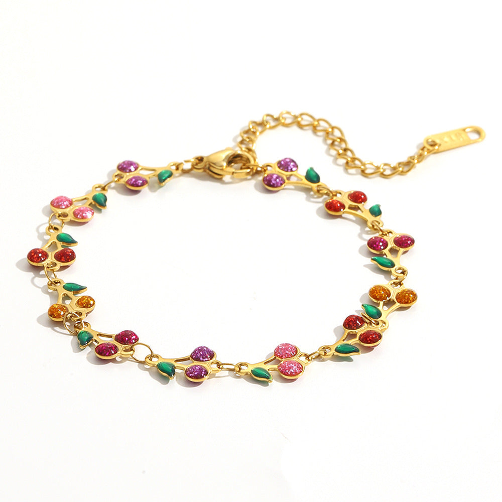 Fashionable Cherry-Shaped Stainless Steel Plated 18K Gold Enamel Bracelet for Women