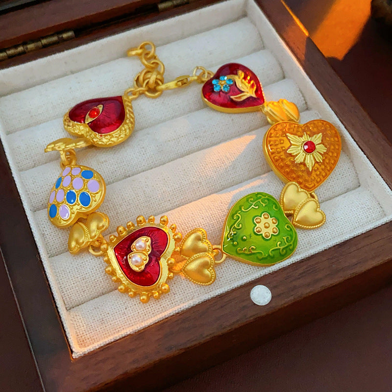 Pendientes colgantes con diseño floral y de corazón de estilo vintage con acabado esmaltado en aleación para mujer