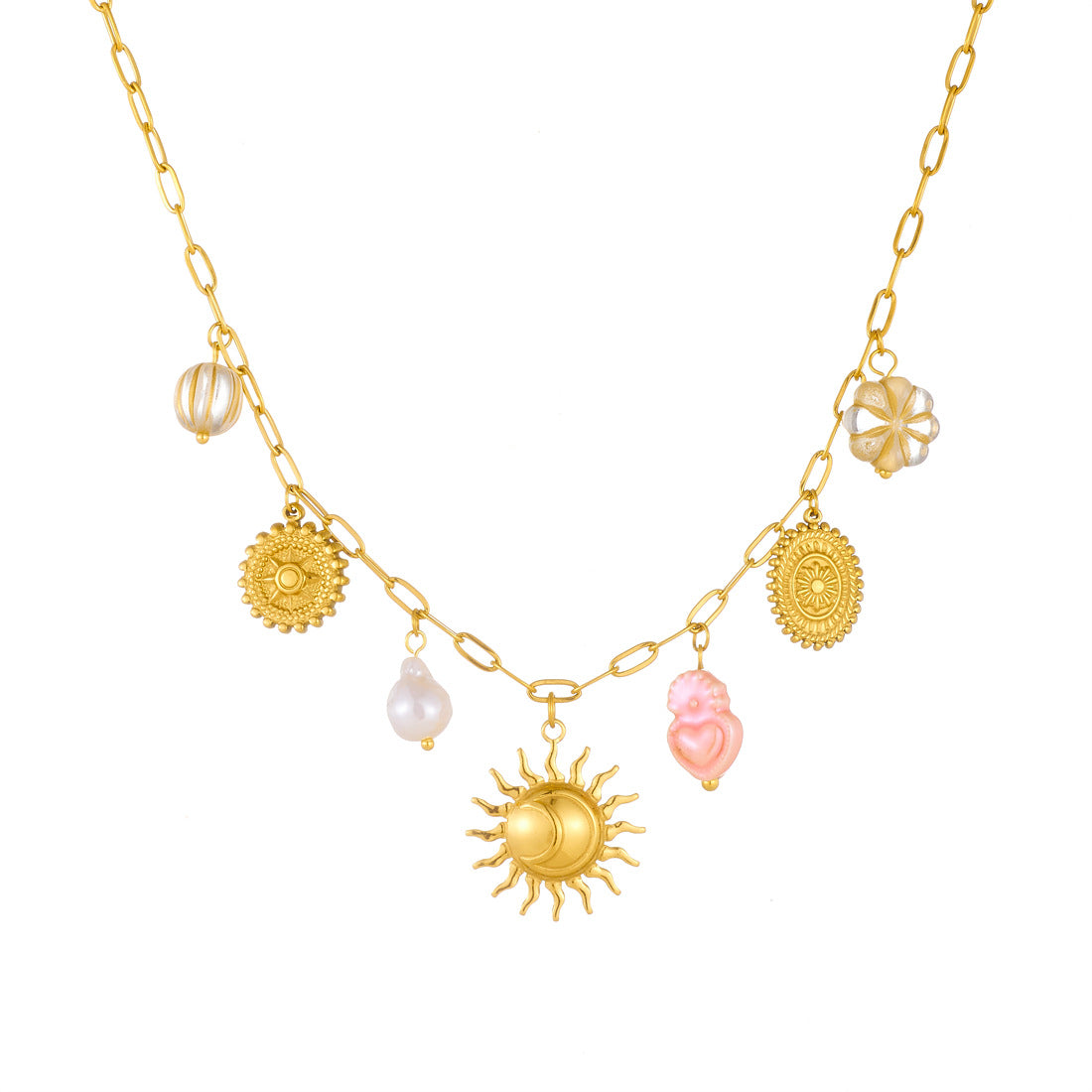 Vintage Elegant Stainless Steel Plated Round Heart Star Moon Pendant Necklace and Bracelet Set for Women with Curb Chain