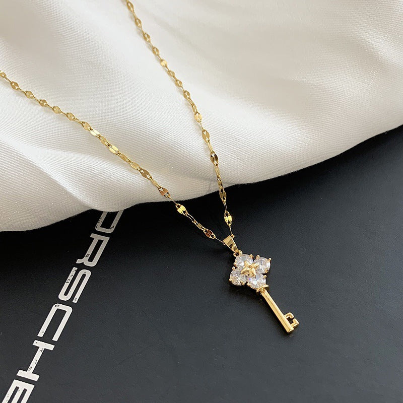 Retro-Style Key-Shaped Titanium Steel Necklace for Women with Plated Finish, Lip Chain Design, Tassel Pendant, Clavicle and Sweater Chain
