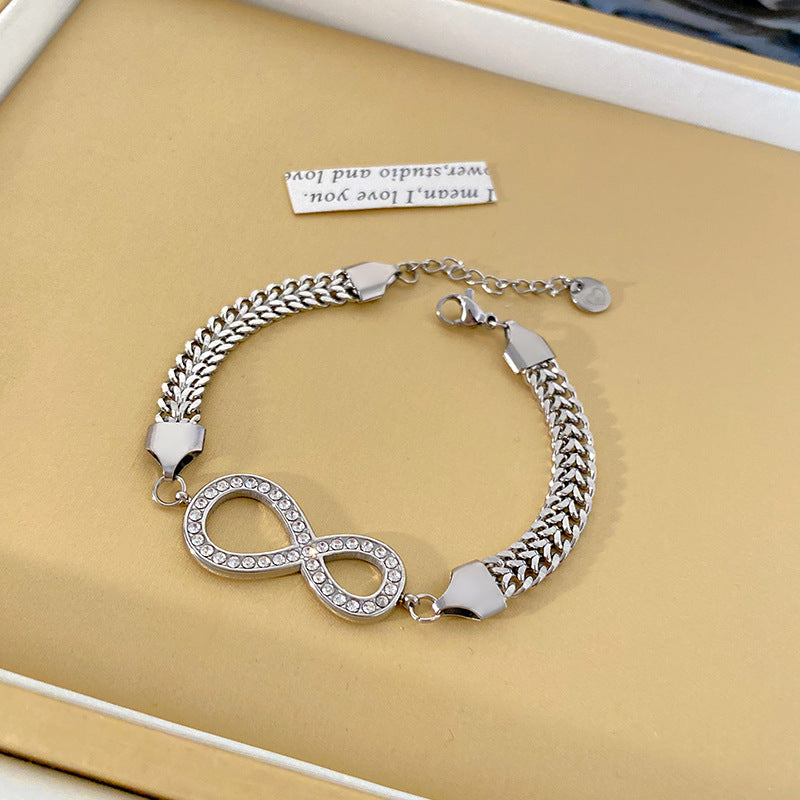 Geometric Heart Infinity Bracelet Titanium Steel Plated Rhinestone Open Cuff Unisex