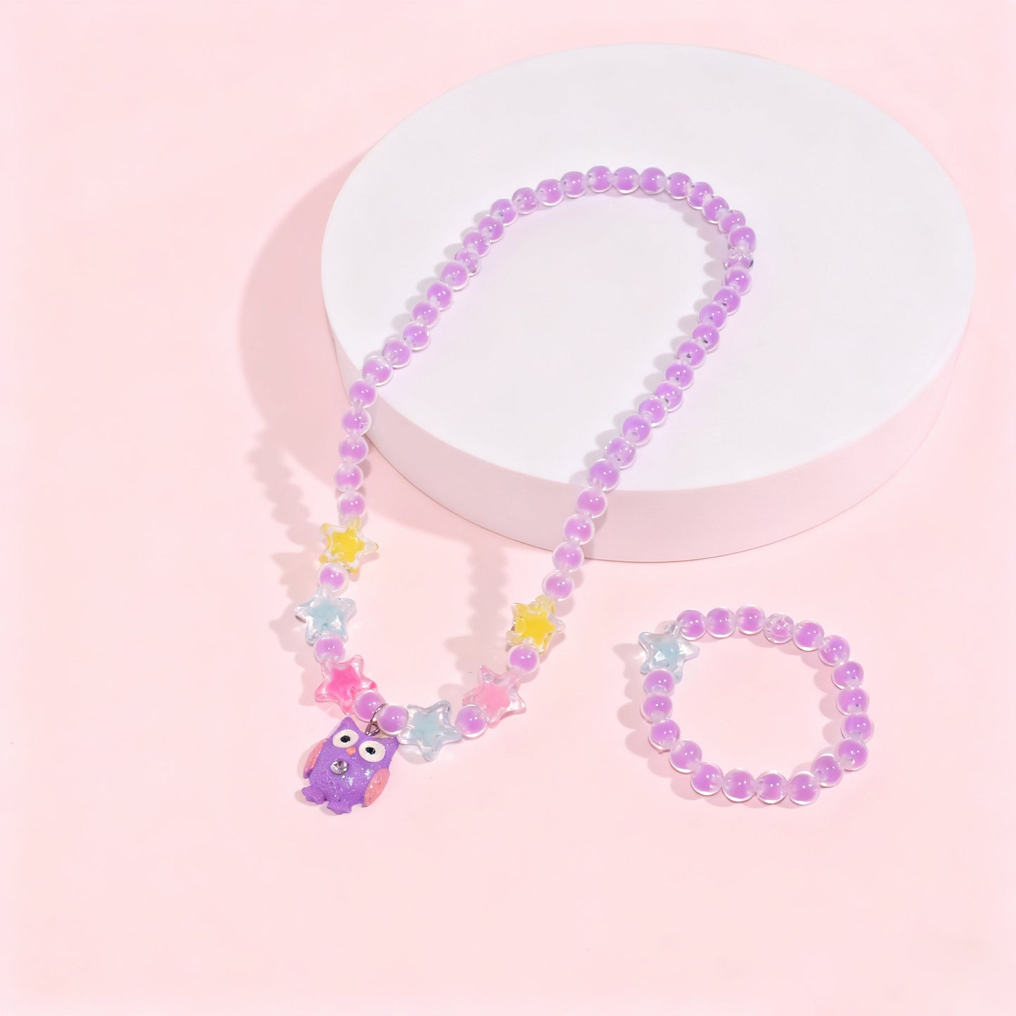 Cartoon Style Unicorn and Heart-Shaped Resin Beaded Necklace Set for Girls with Round Bead Chain