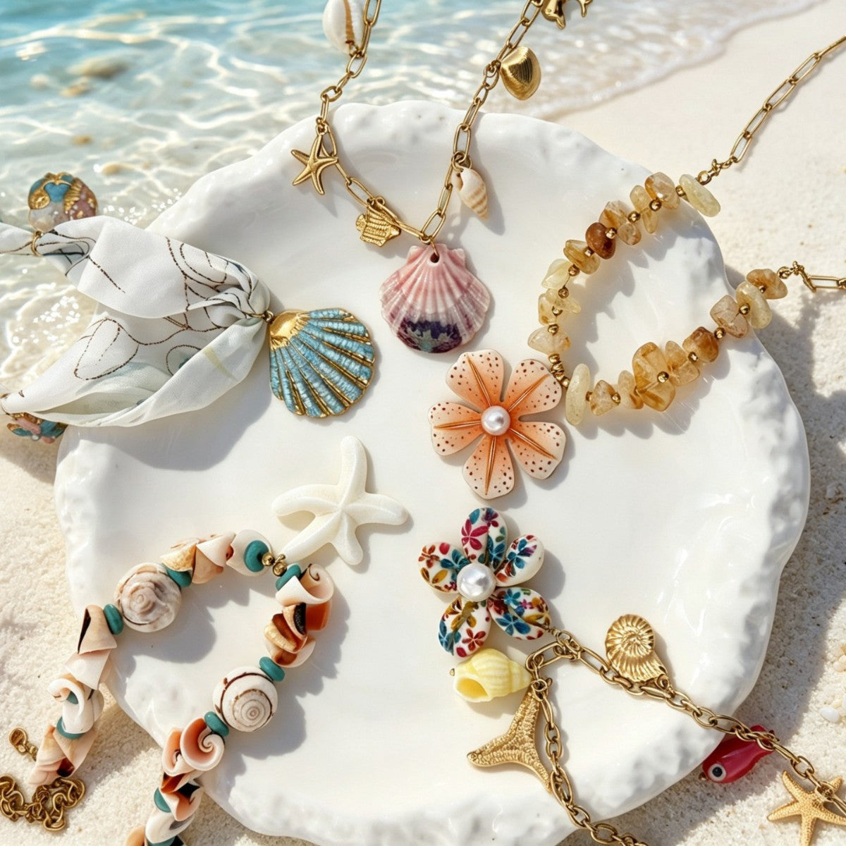 Sweet Streetwear Geometric Stainless Steel Plated Shell Starfish Pendant Necklace for Women