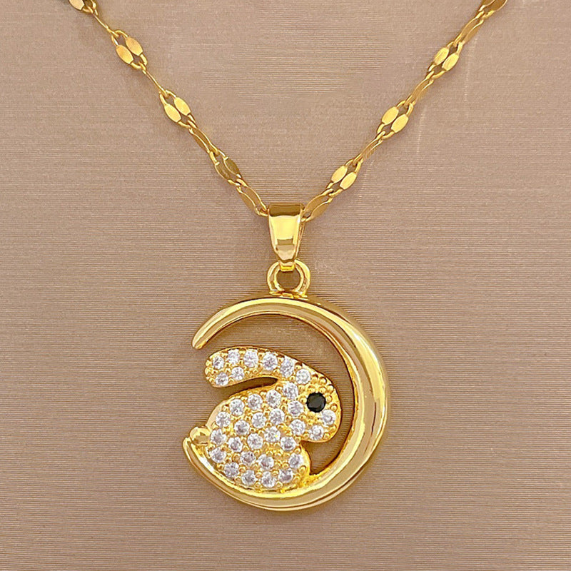 Cartoon Style Moon and Rabbit Shaped Titanium Steel Necklace with Rhinestone Inlay, Geometric Pendant, Fresh and Sweet Design for Women