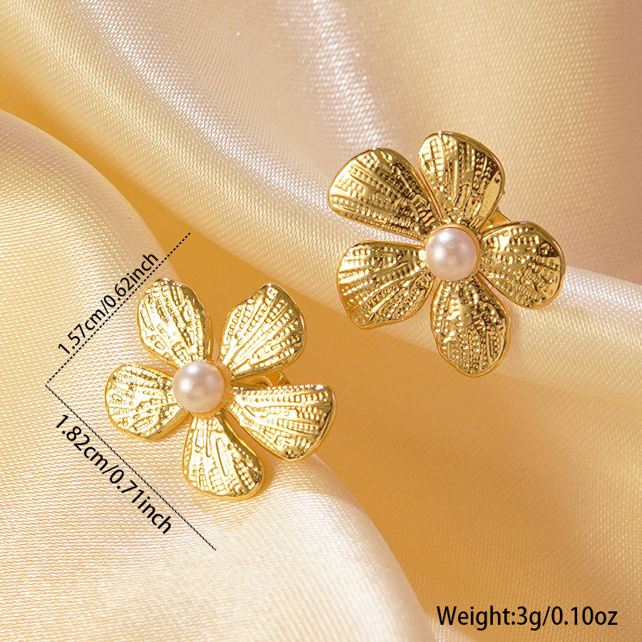 Vintage Elegant Floral Stainless Steel Plated Pearl Stud Earrings