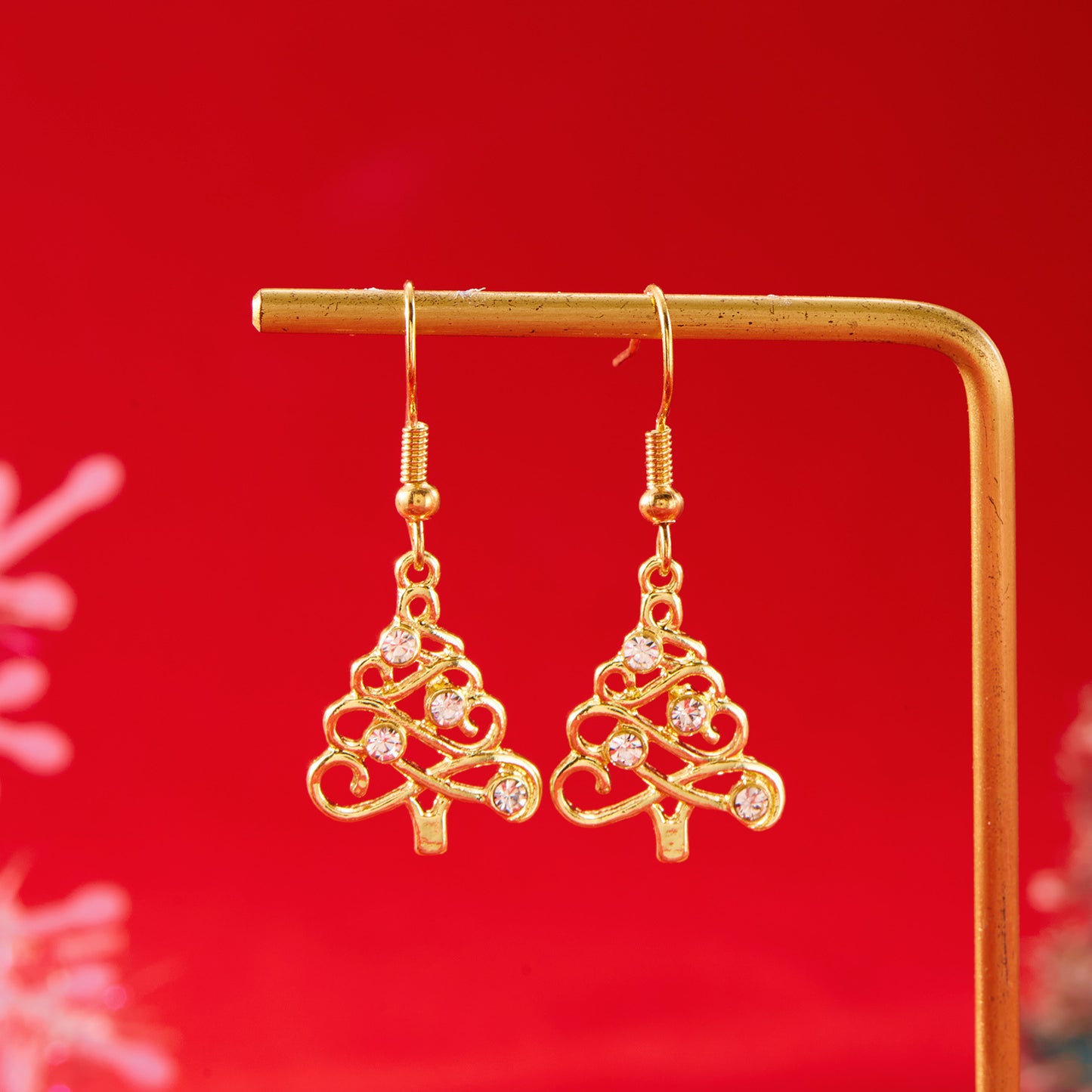 Pendientes minimalistas de árbol de Navidad con pedrería calada para mujer, joyería de moda para las fiestas