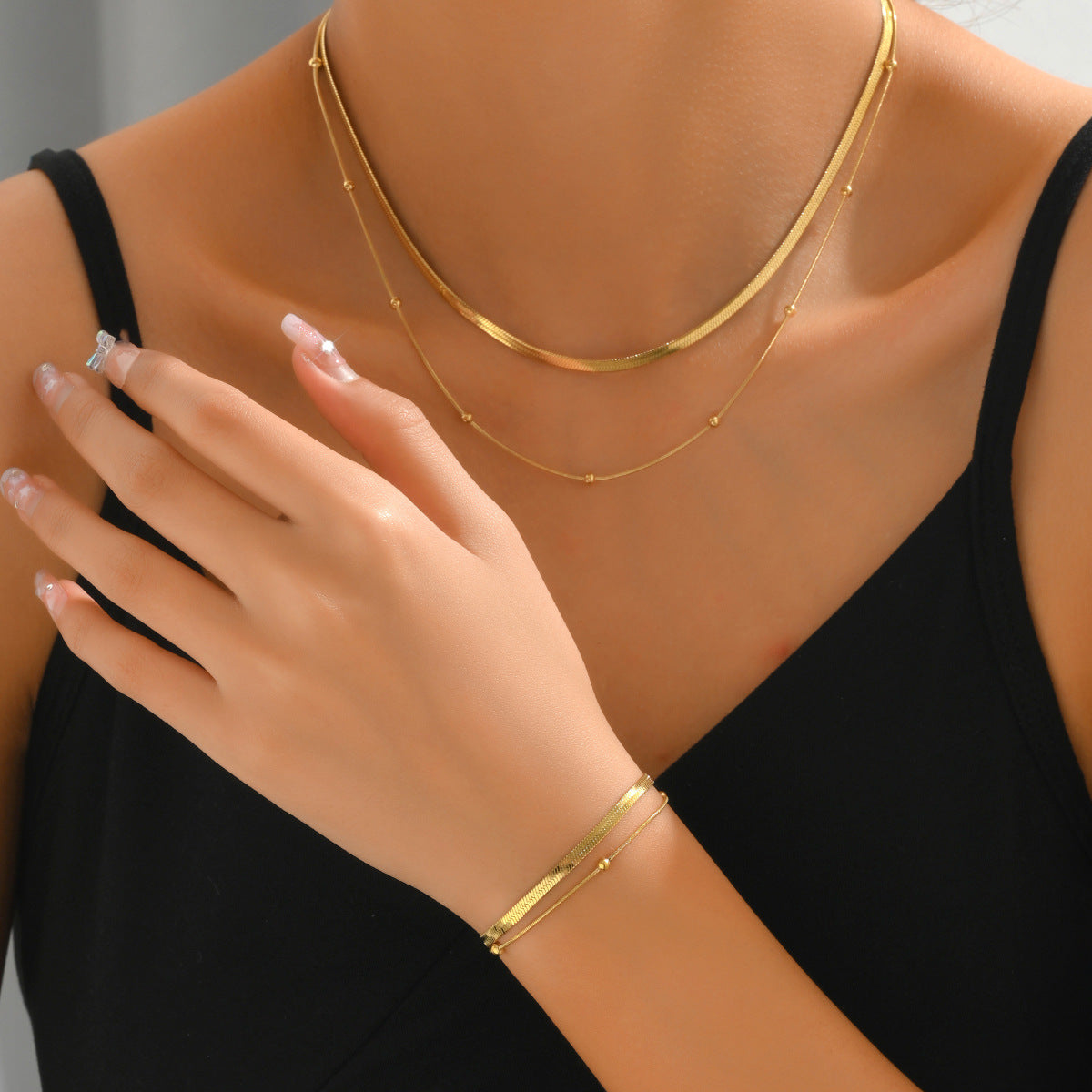 Juego de collar y pulsera minimalistas de varias capas estilo americano para mujer con diseño geométrico circular y lineal chapado en cobre