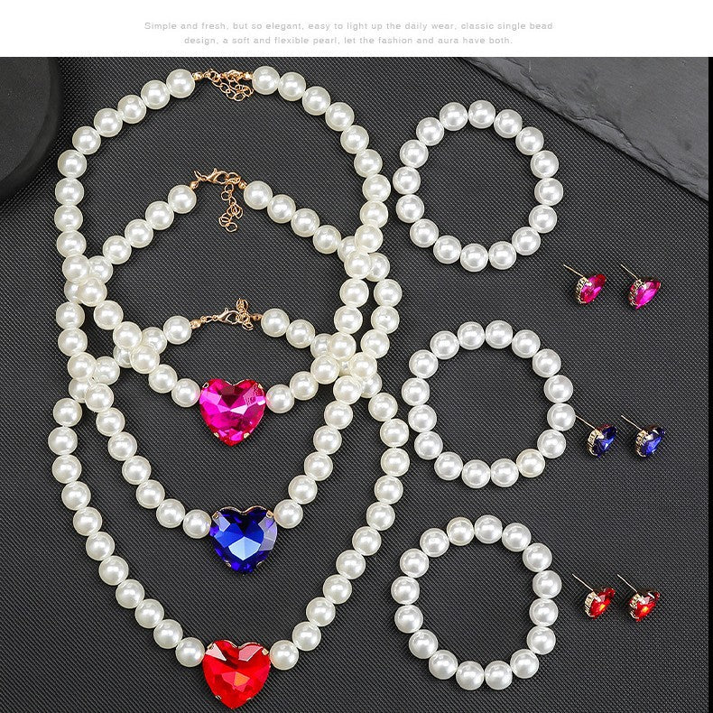 Minimalist Heart-Shaped Pearl Necklace Set with Alloy Pendant, Electroplated Finish, Includes Earrings Bracelet and Necklace for Women