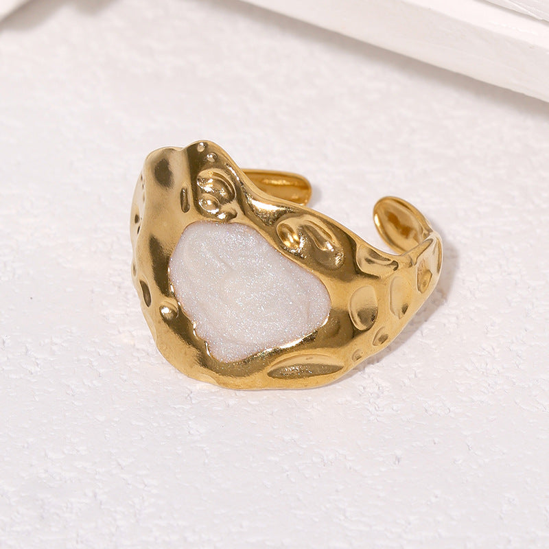 Anello da donna regolabile in acciaio inossidabile con placcatura in oro e finitura a smalto, dal design geometrico e minimalista