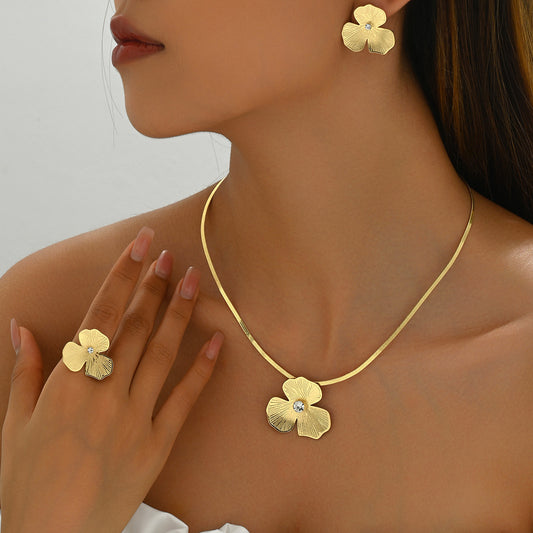 Minimalist Women's Clover and Floral Design Necklace Ring Earring Set in Copper with Zircon Inlay