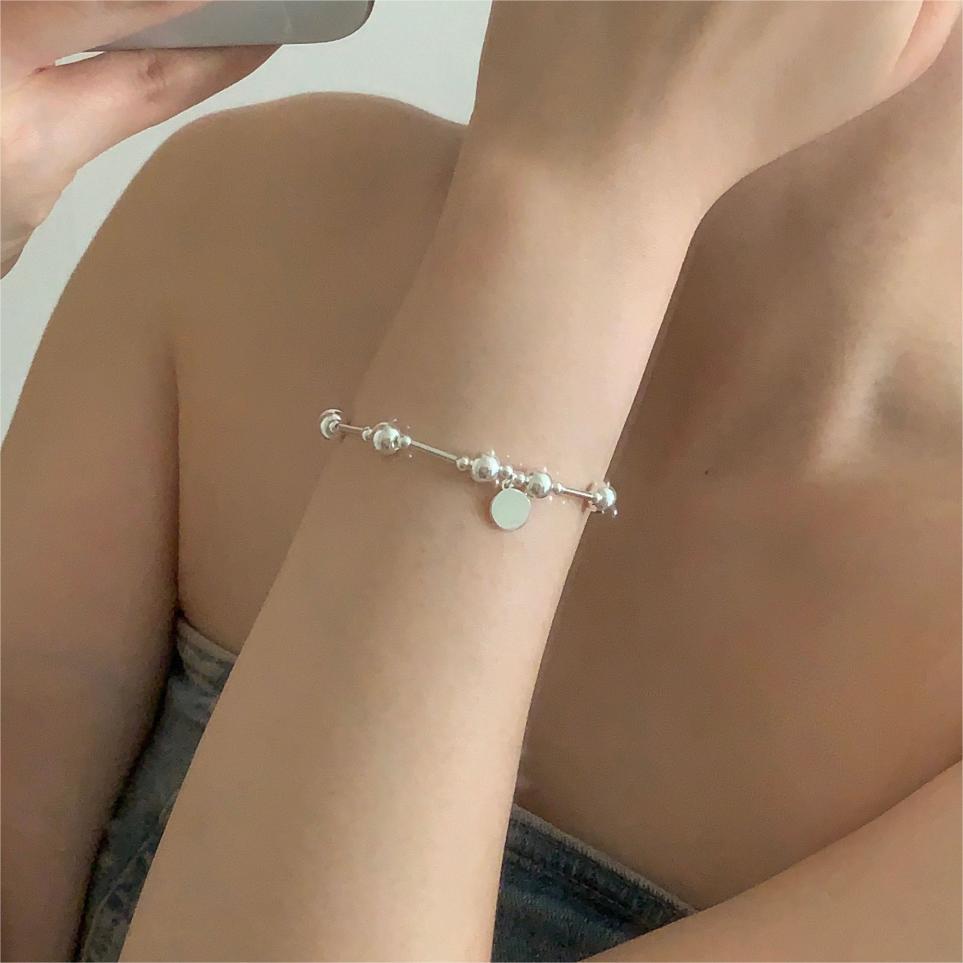 Minimalist Geometric Round Bead Elastic Bracelet in 925 Sterling Silver with Chamfered Square Beads