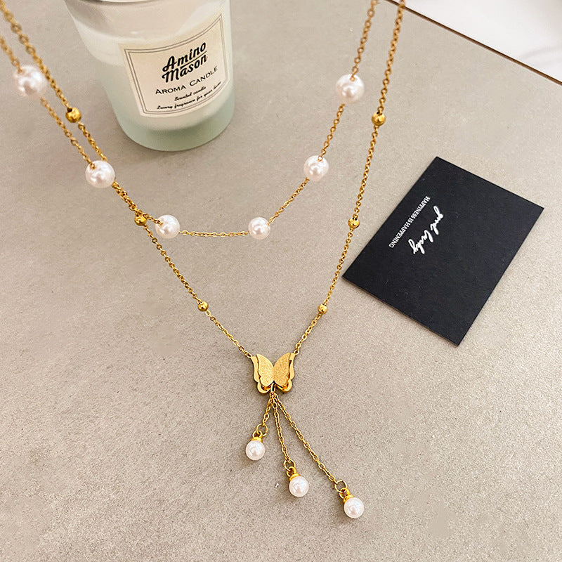 Minimalist Titanium Steel Plated Butterfly Double Layer Necklace