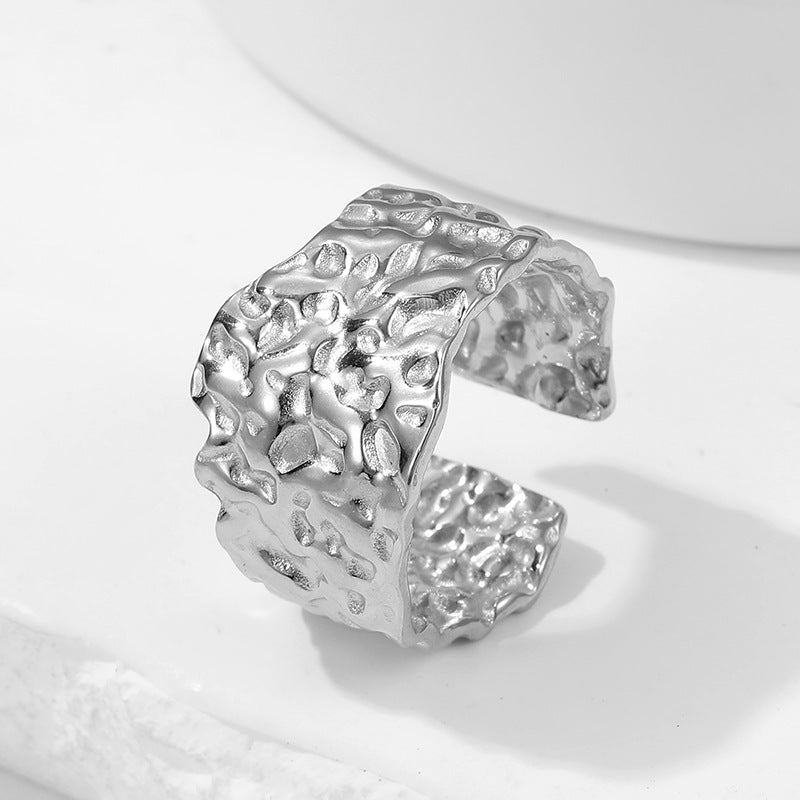 Minimalist Irregular Texture Titanium Steel Adjustable Open Ring for Finger with Plated Finish