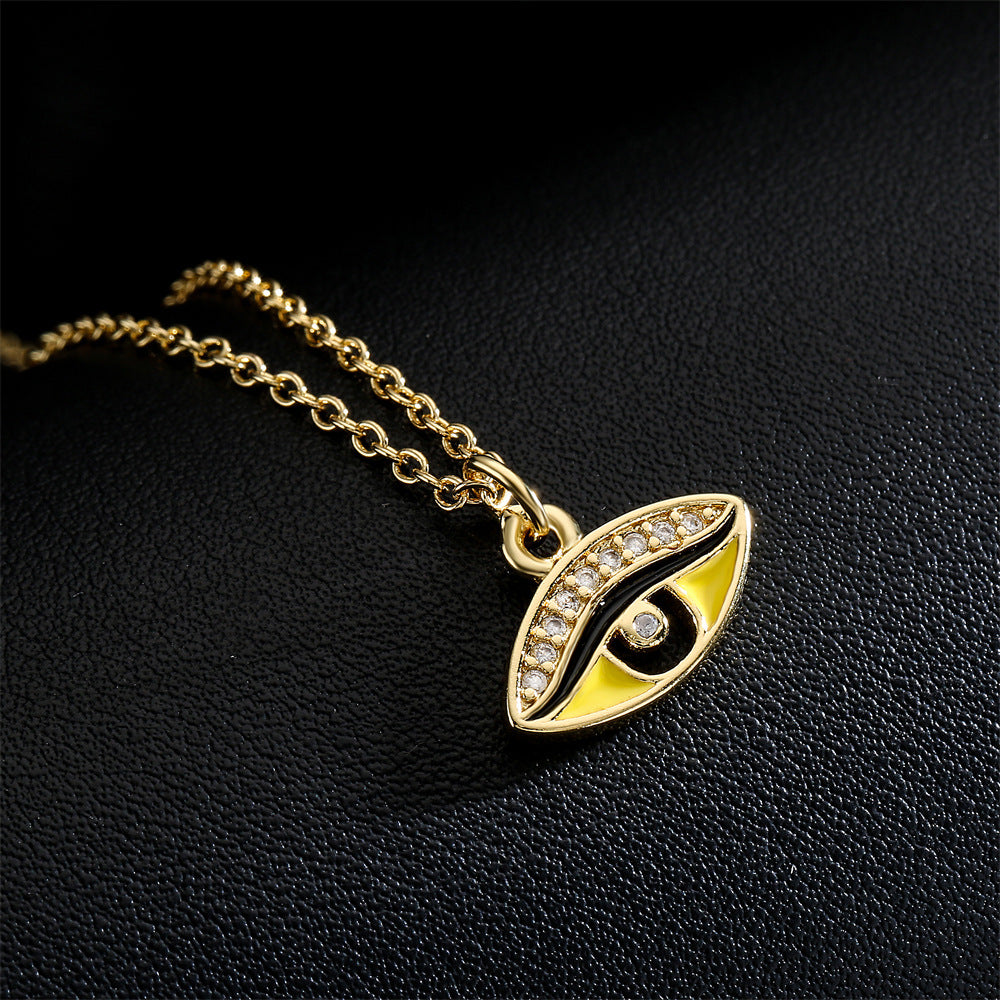 Geometric Drip Oil Brass Gold Plated Cubic Zirconia Eye Pendant Necklace for Women
