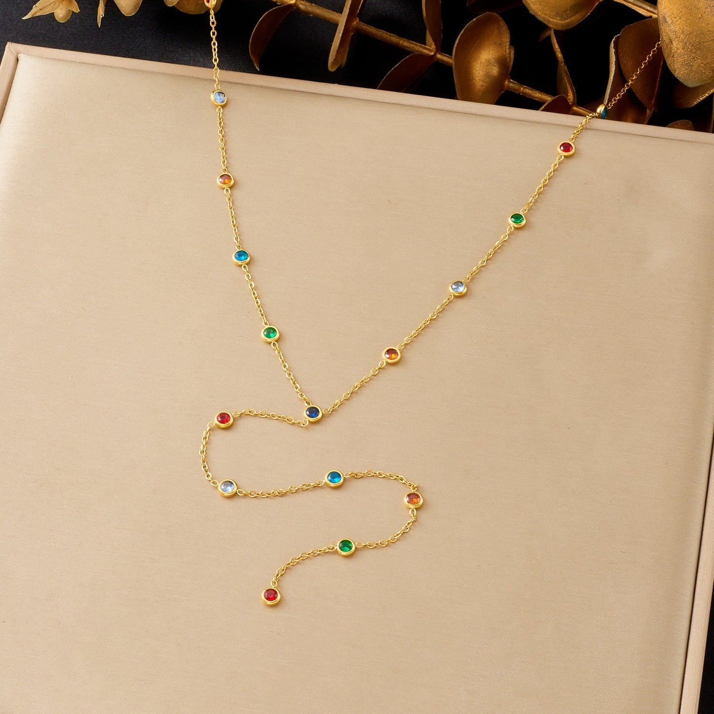 Minimalist Gold Plated Round Rhinestone Inlay Stainless Steel Y-Shape Necklace for Women