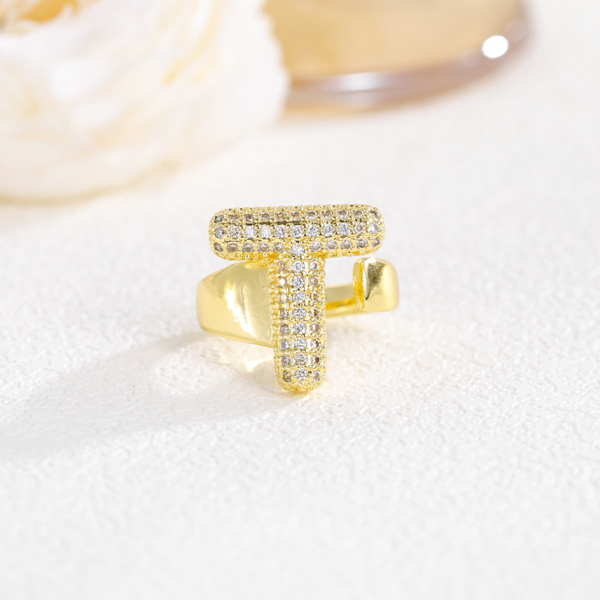 Sweet Plated Brass Letter Ring with Cubic Zirconia Adjustable Open Ring for Women and Men