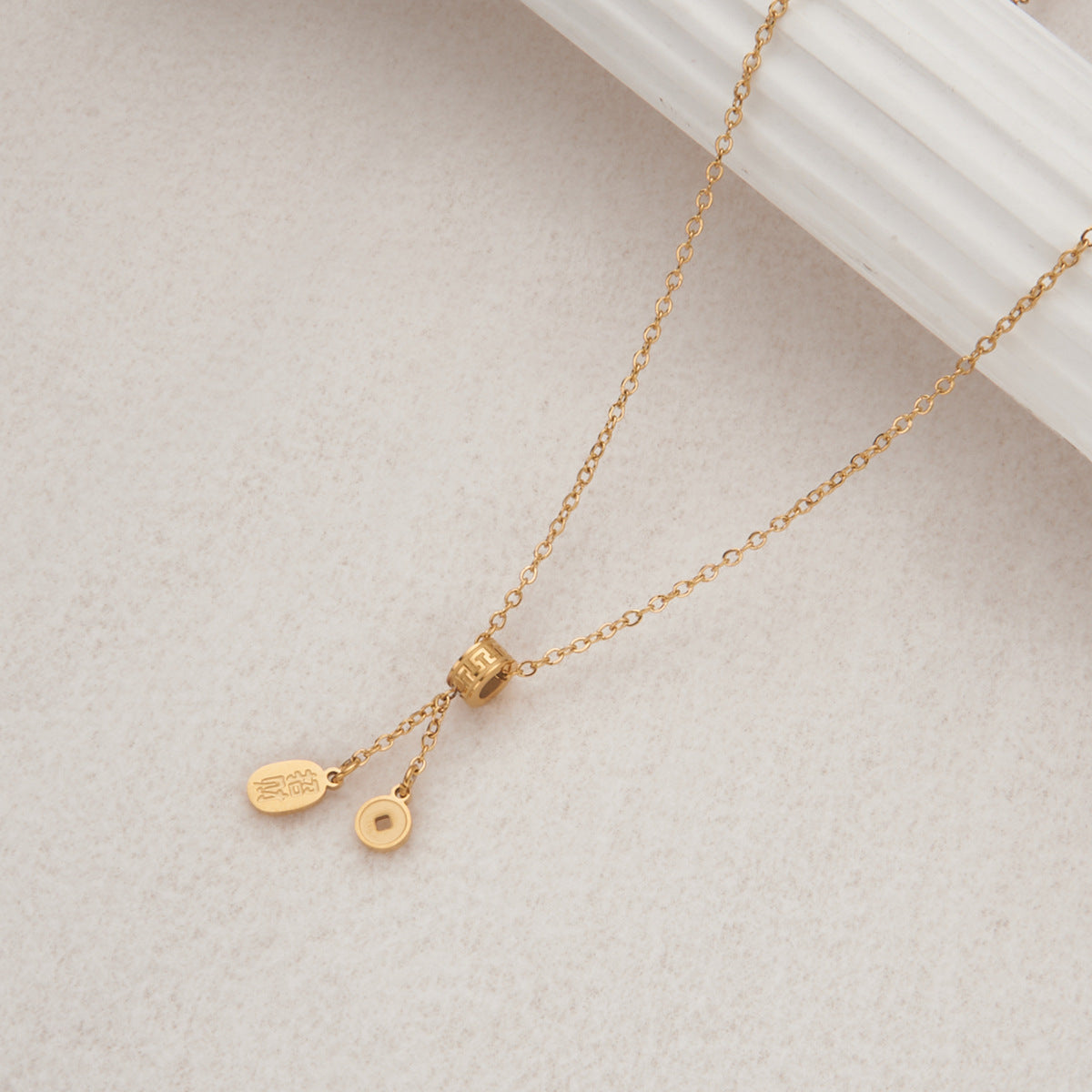 Luxury Minimalist Geometric Lucky Coin Pendant Necklace in Stainless Steel with Polished Titanium Steel Charm