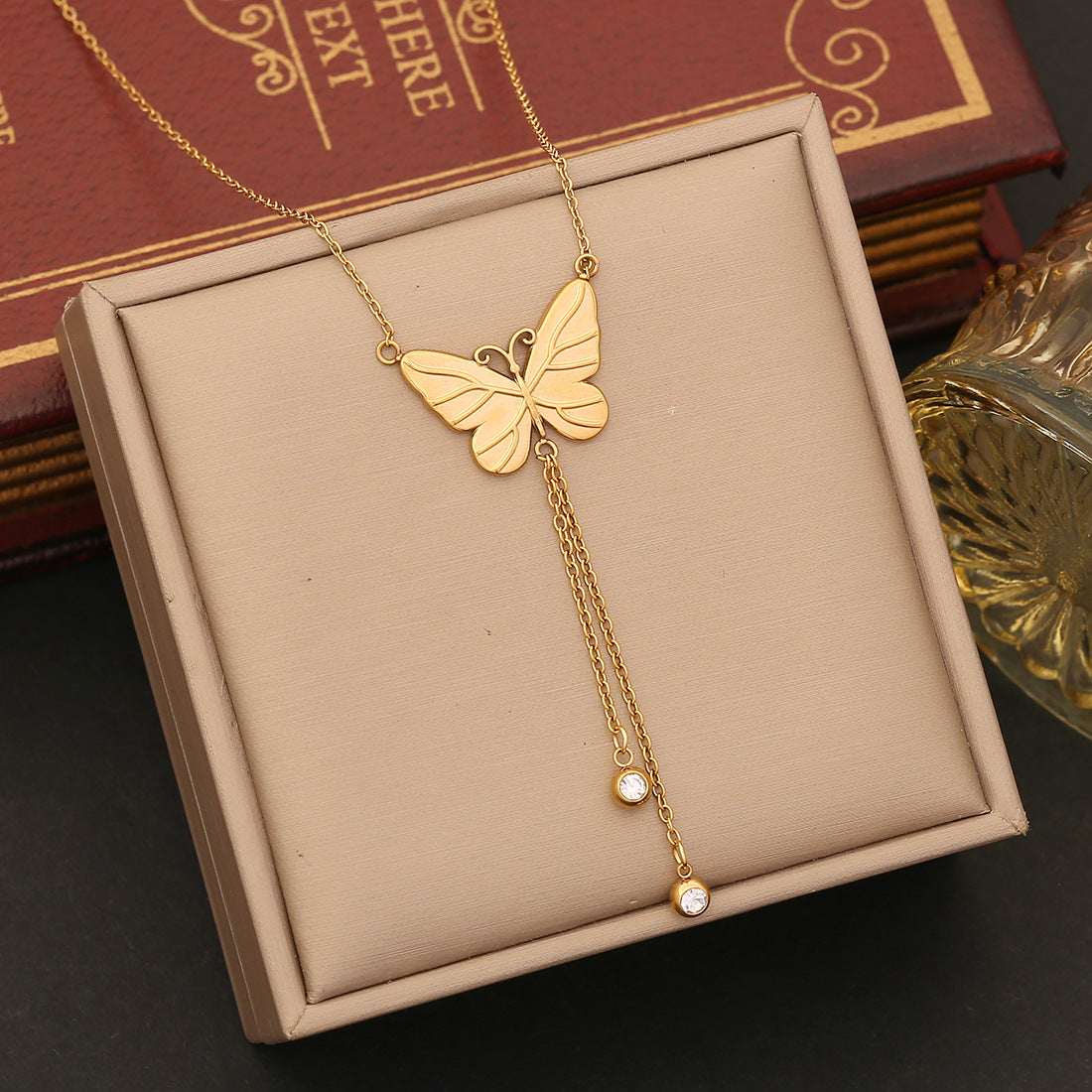 Fashionable Butterfly Pendant Necklace in Stainless Steel with Plated Finish and Snake Chain for Women