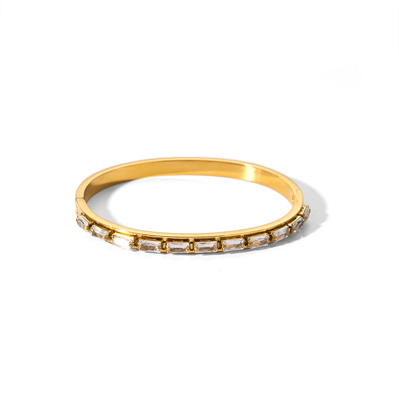Minimalist Geometric Titanium Steel Bracelet with Rhinestone Inlay and Gold Plating for Women