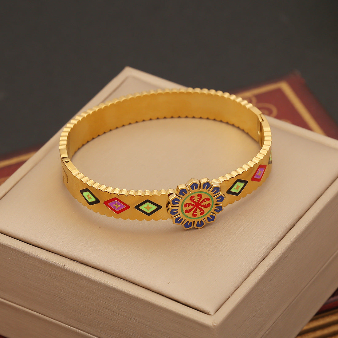 Vintage Floral Stainless Steel Bracelet with Enamel Finish and Butterfly Design for Women