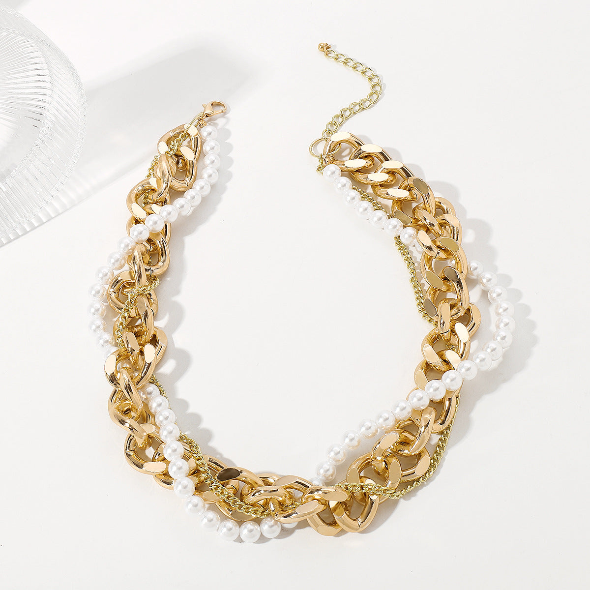 Collar multicapa vintage geométrico de perlas para mujer, cadena de aleación con incrustaciones de perlas de imitación
