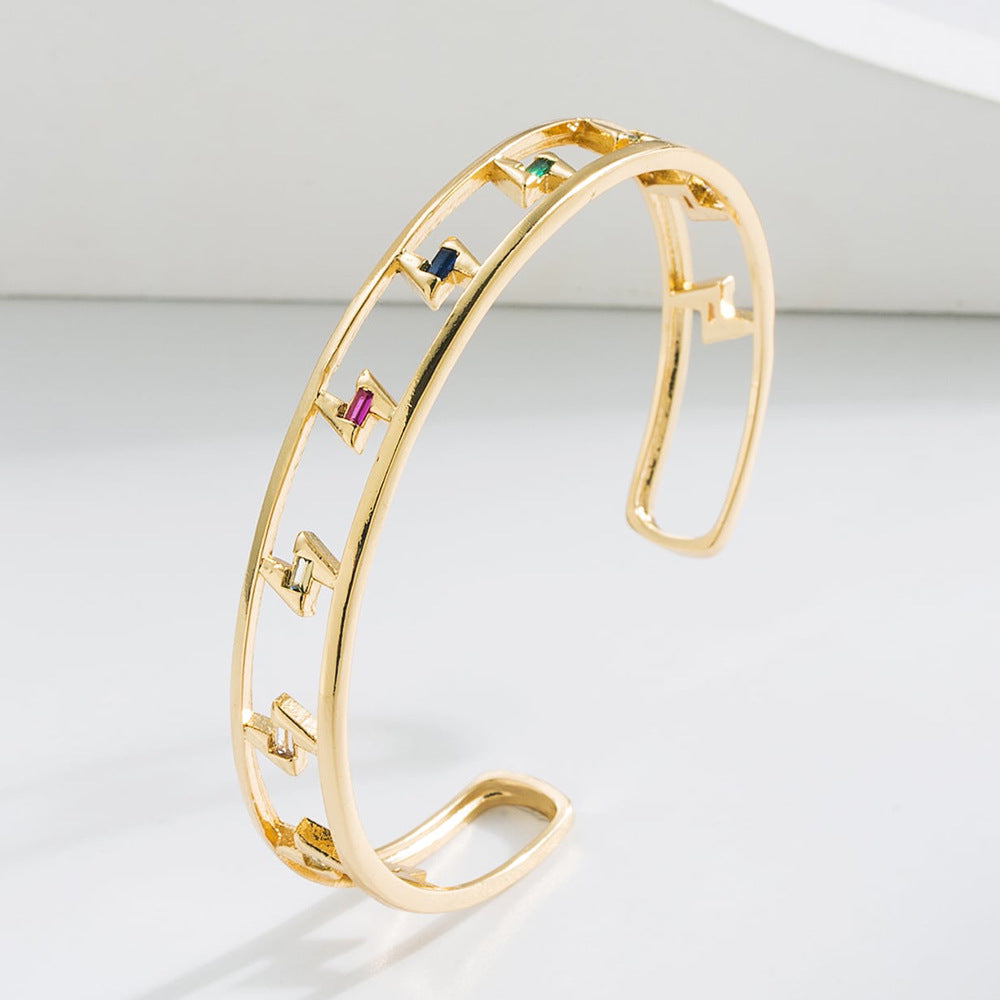 Minimalist Geometric Hollow-Out Cuff Bracelet for Women with Copper Base Plated in 18K Gold and Micro-Paved Zirconia