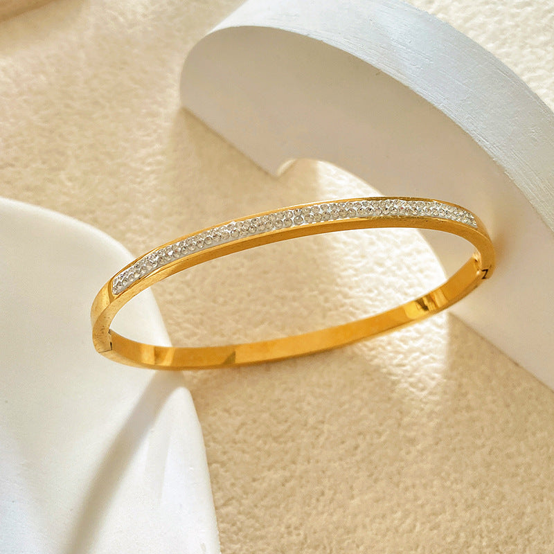 Minimalist Titanium Steel Plated Bracelet with Double Row Rhinestones and Starry Pattern