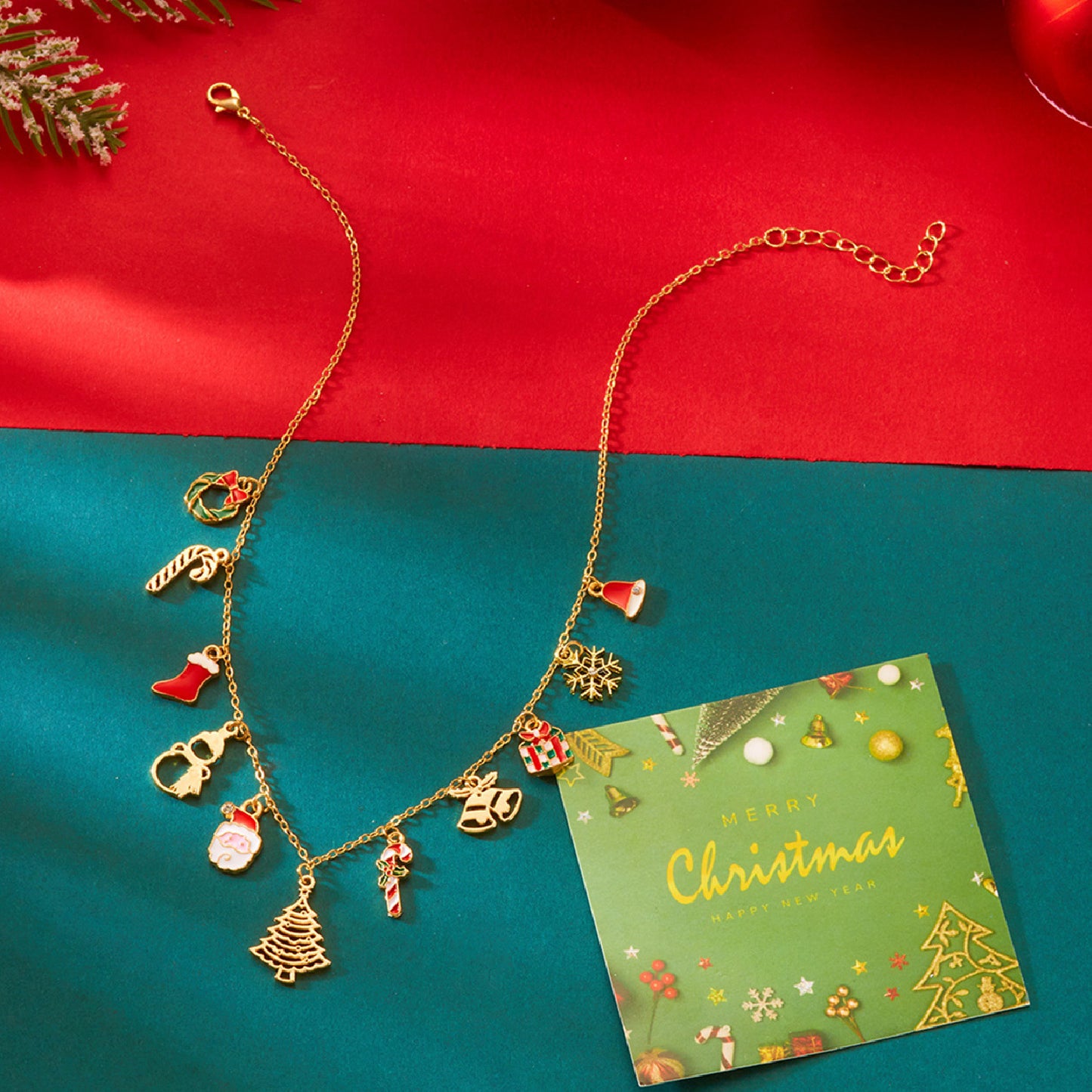 Collana con Ciondolo a Ghirlanda Natalizia alla Moda con Motivi di Campanella di Babbo Natale e Fiocco di Neve da Donna, Collana Placcata in Lega di Zinco per Regali di Natale