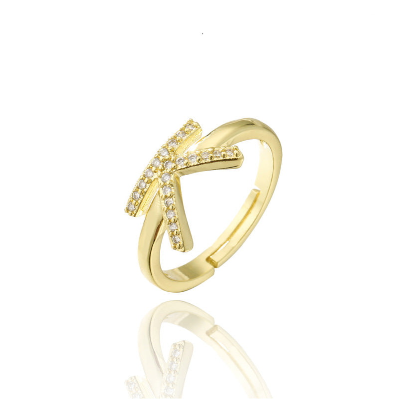 Fashion 18K Gold Plated Brass Micro-inlay Letter Ring Adjustable Open Band for Women