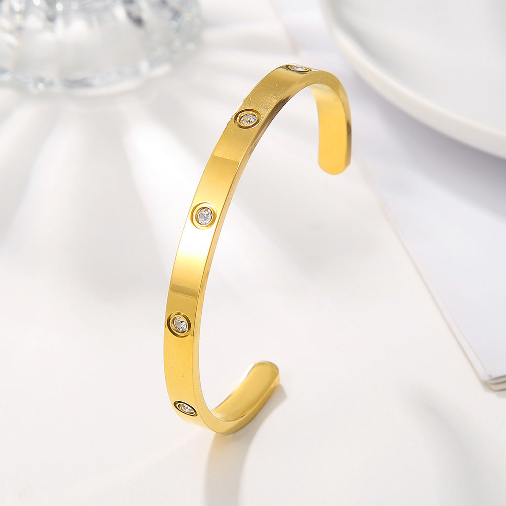 Minimalist Elegant Geometric Titanium Steel C-Shape Bracelet with Rhinestone Inlay for Unisex