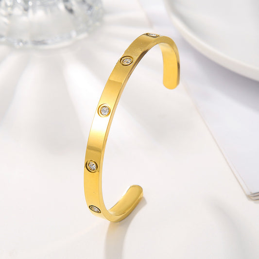 Minimalist Elegant Geometric Titanium Steel C-Shape Bracelet with Rhinestone Inlay for Unisex
