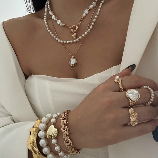Vintage Elegant Floral Geometric Round Faux Pearl Plated Alloy Necklace Set for Women