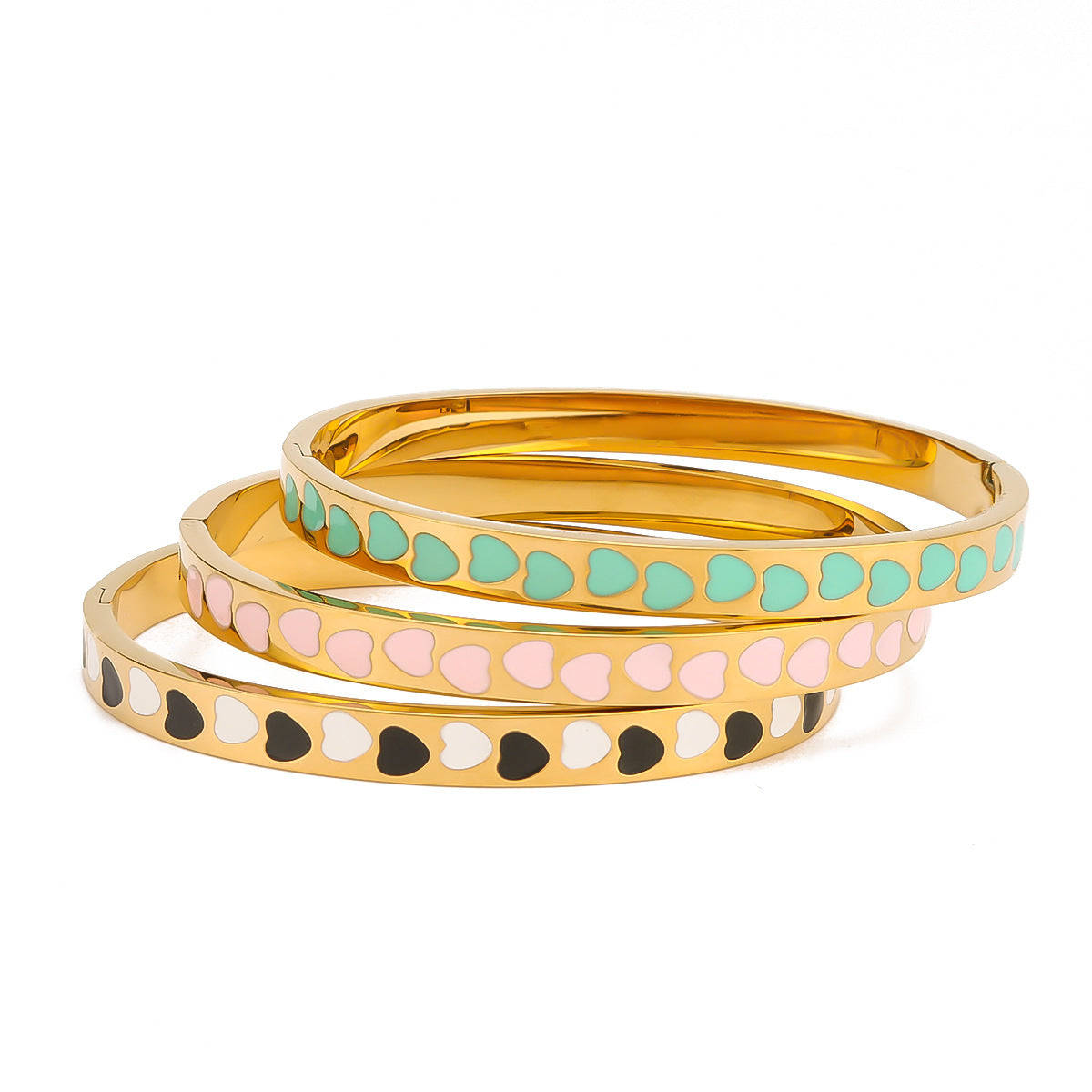 Bracciale Minimalista a Cuore in Acciaio Inossidabile con Placcatura in Oro 18K e Motivo Floreale Smaltato