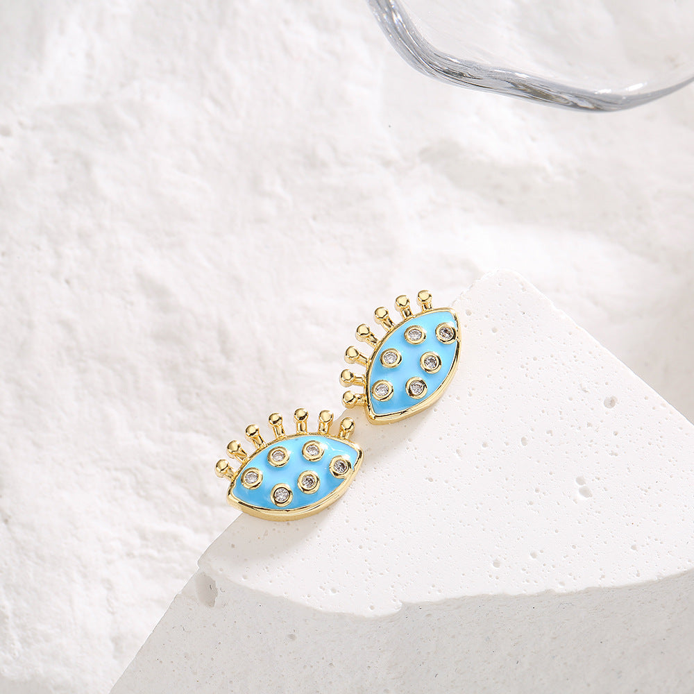 Vintage Geometric Eye Stud Earrings for Women Made of Copper with 18K Gold Plating and Enamel-Zirconia Accents