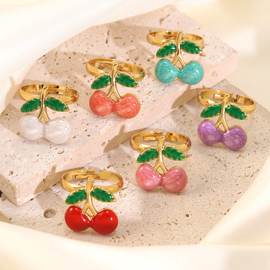 Sweet Drip Oil Stainless Steel Cherry Ring for Women