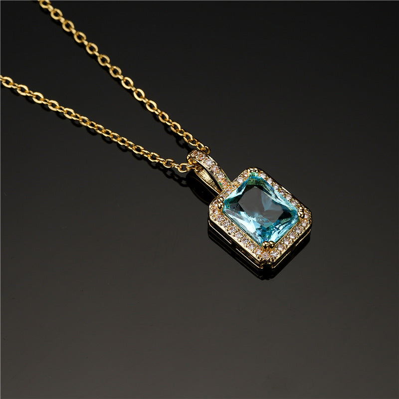 Minimalist Geometric Square Cubic Zirconia Inlay Brass Necklace with Cable Chain for Women