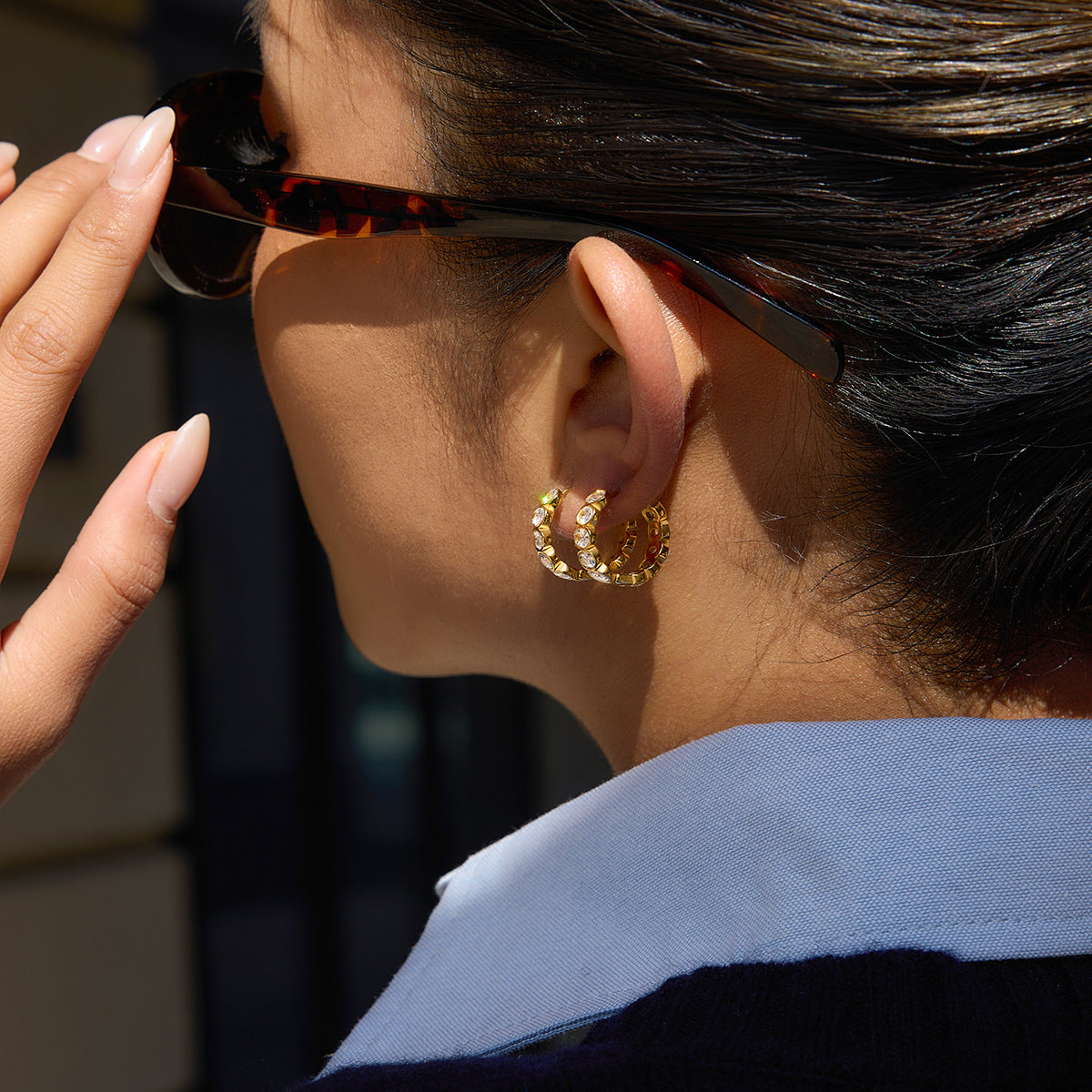 Elegant Geometric Stainless Steel Hoop Earrings with Cubic Zirconia 18K Gold Plated for Women