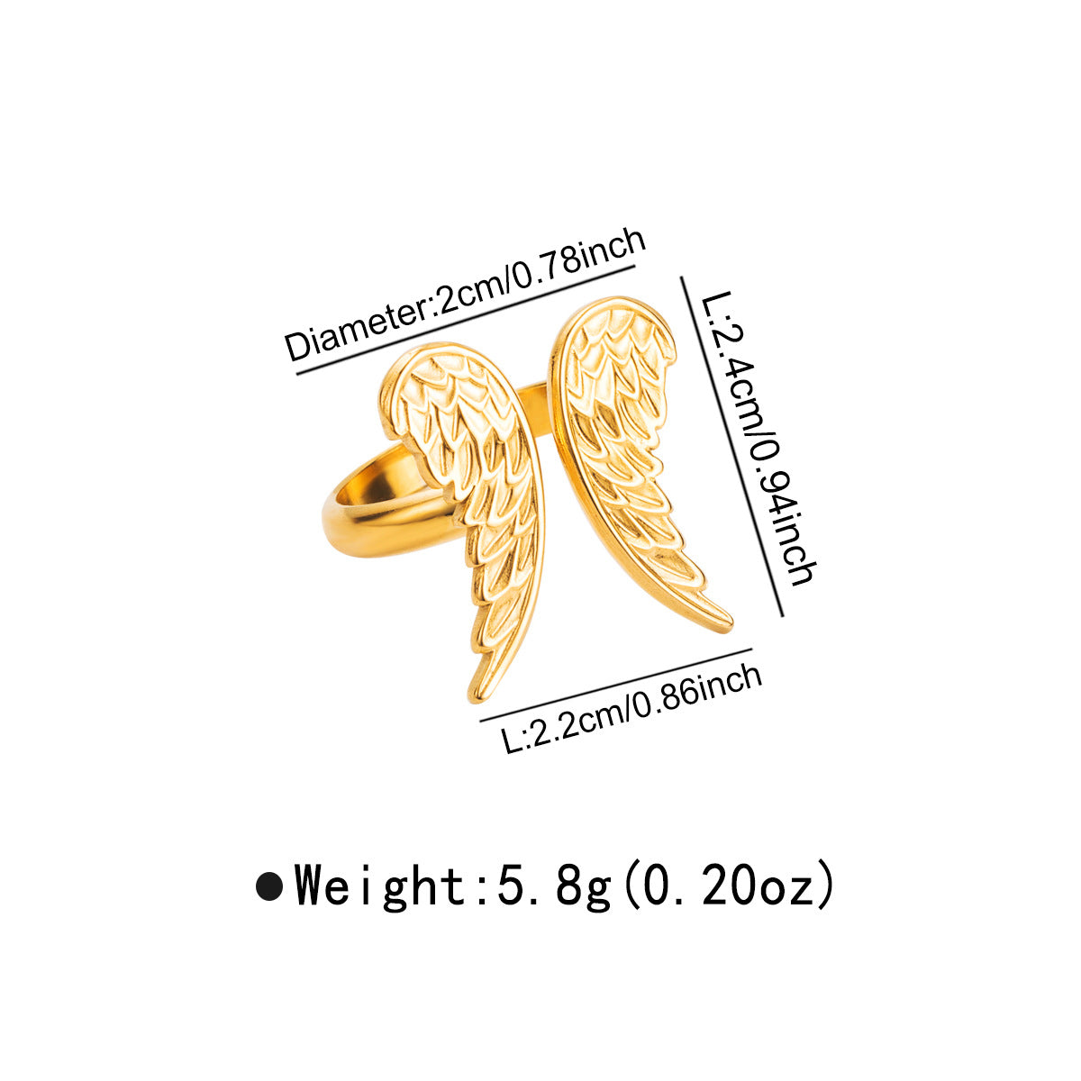 Anello regolabile minimalista a forma di cuore con ala d'angelo geometrica in acciaio inossidabile con finitura galvanizzata