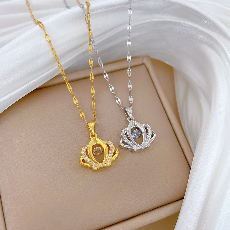 Sweet Minimalist Gold Plated Geometric Rhinestone Inlay Titanium Steel Necklace with Brass Pendant