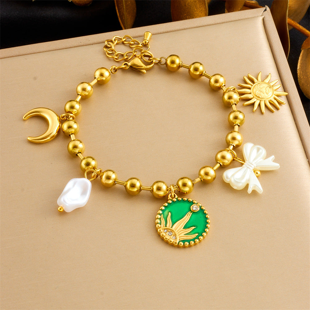 Elegant Gold Plated Drip Oil Round Sun Moon Bow Pearl Pendant Stainless Steel Bracelet for Women