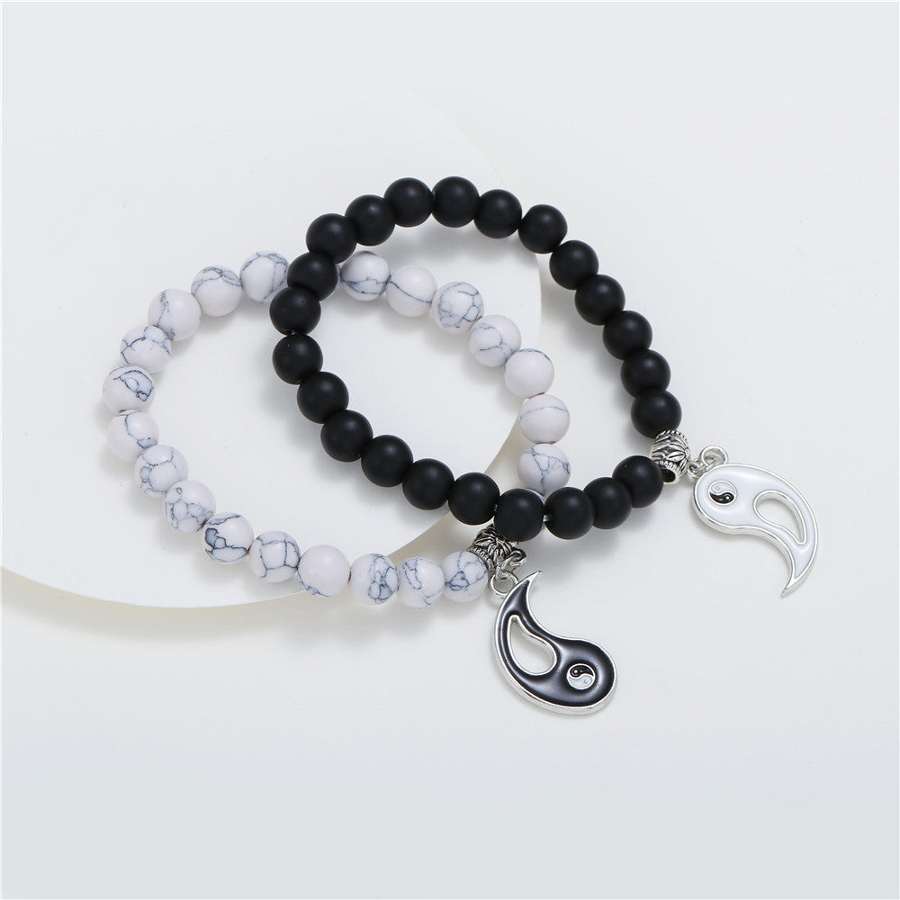 Yin Yang Geometric Round Drip Oil Matte Black and White Turquoise Alloy Bracelet Set for Unisex