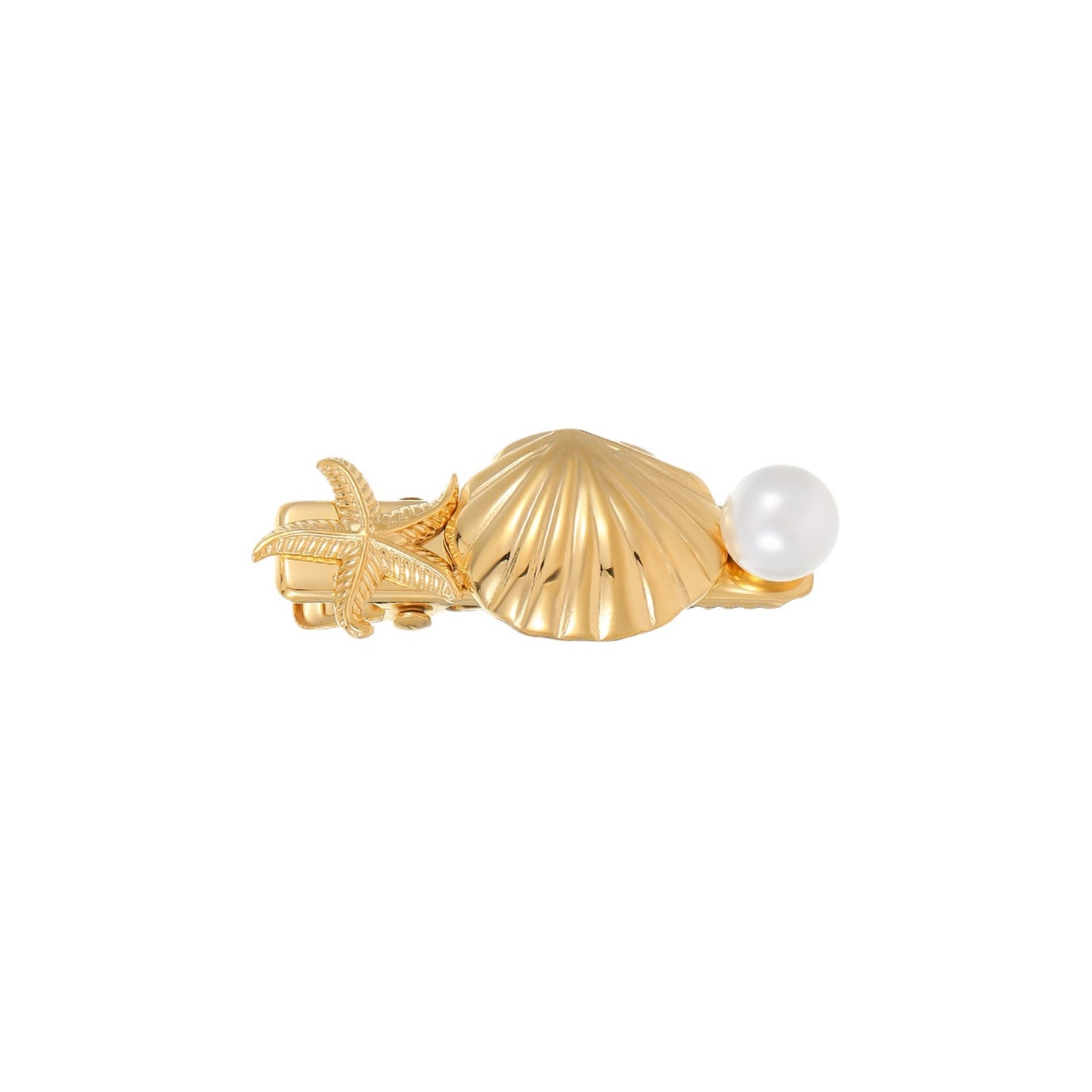 Fashionable Shell-Shaped Pearl Hair Clip in Stainless Steel with Plated Finish for Women