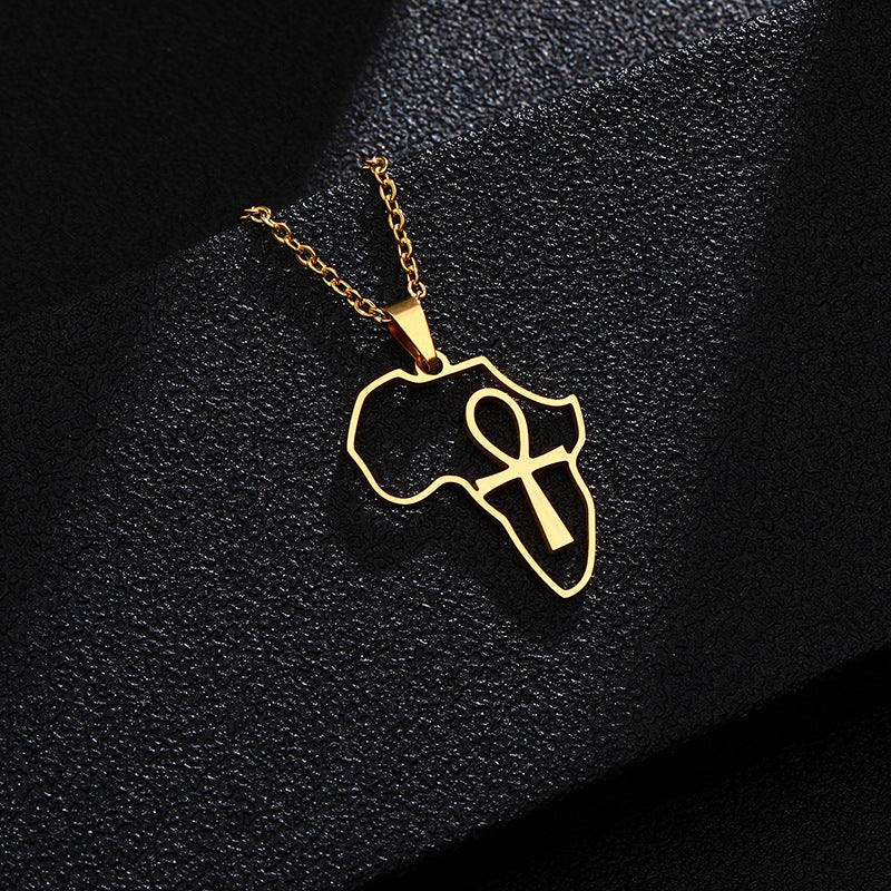 Collana con ciondolo a croce geometrico a mappa africana in acciaio inossidabile con ciondolo in acciaio al titanio e finitura galvanizzata