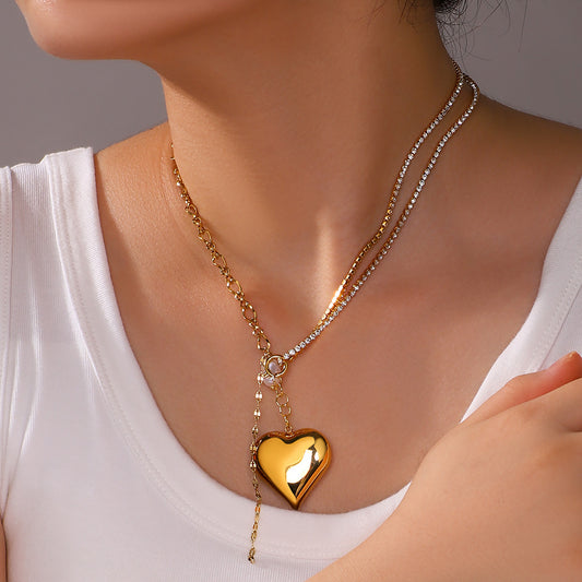 Ins Style Heart Shaped Stainless Steel Pendant Necklace with 18K Gold Plating and Pearl Inlay for Women