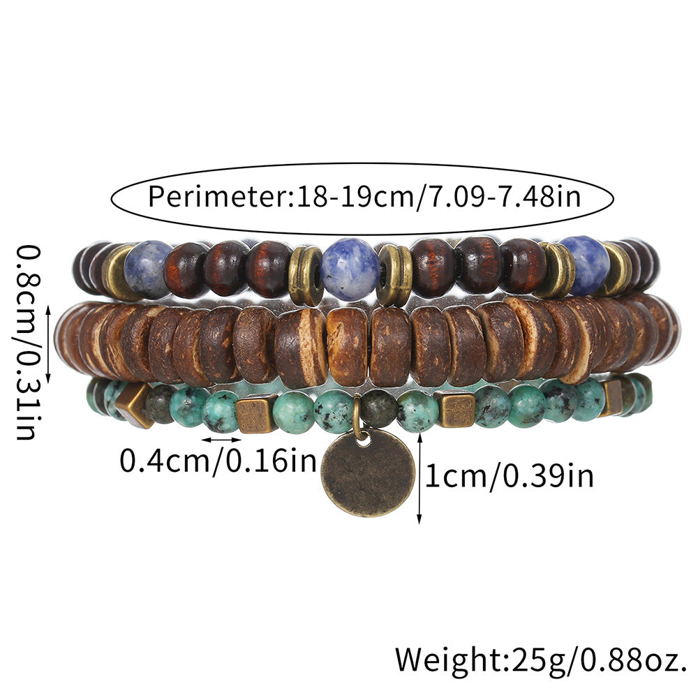 Bohemian Geometric Wood Bead and Turquoise Stretch Bracelet for Men and Women