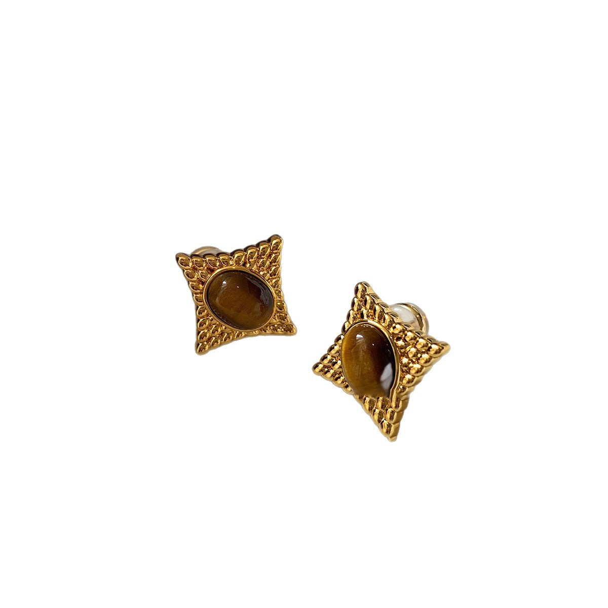 Orecchini a perno da donna a forma di stella ovale in occhio di tigre, stile vintage, con perni in acciaio placcato oro