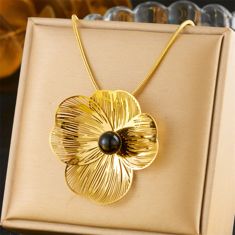 Elegante Set da Donna Collana con Ciondolo Fiore e Perla in Acciaio Inossidabile con Orecchini e Bracciale a Catena Serpente