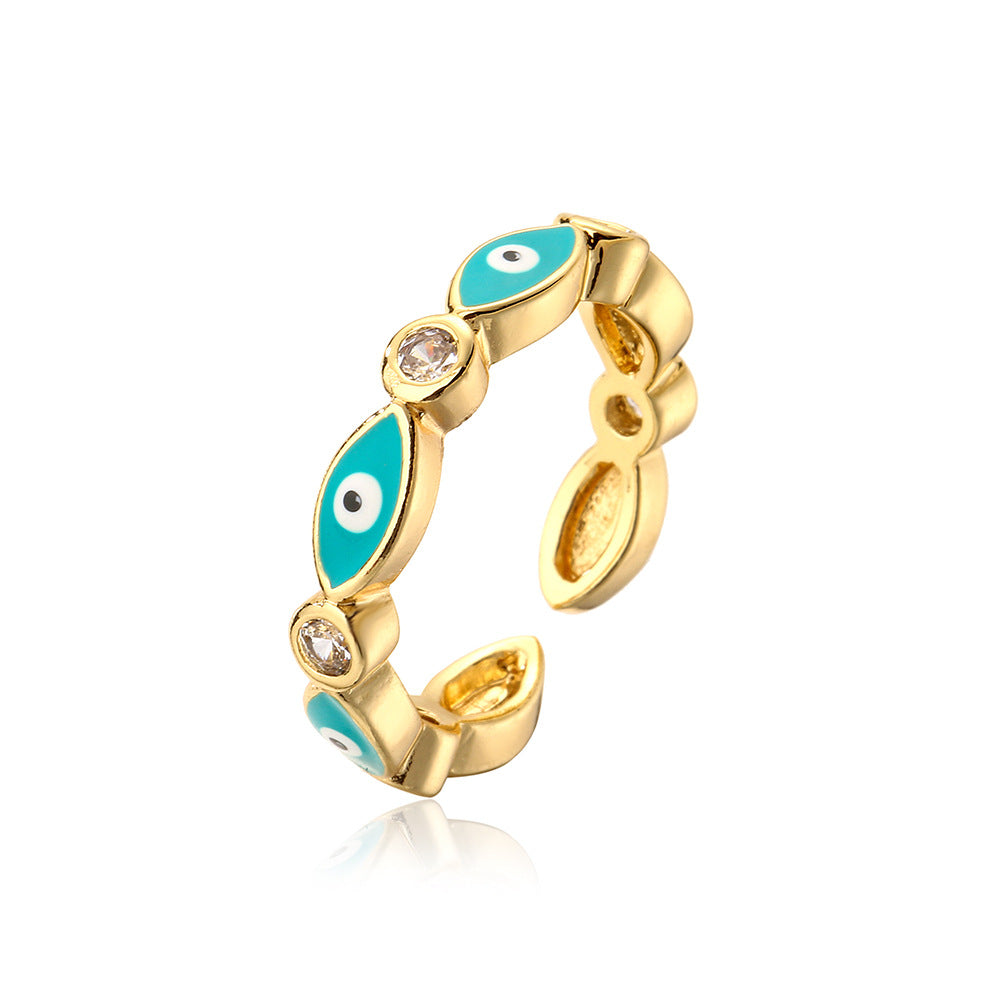 Minimalist Geometric Copper Ring with 18K Gold Plating and Enamel Eye Detail for Women