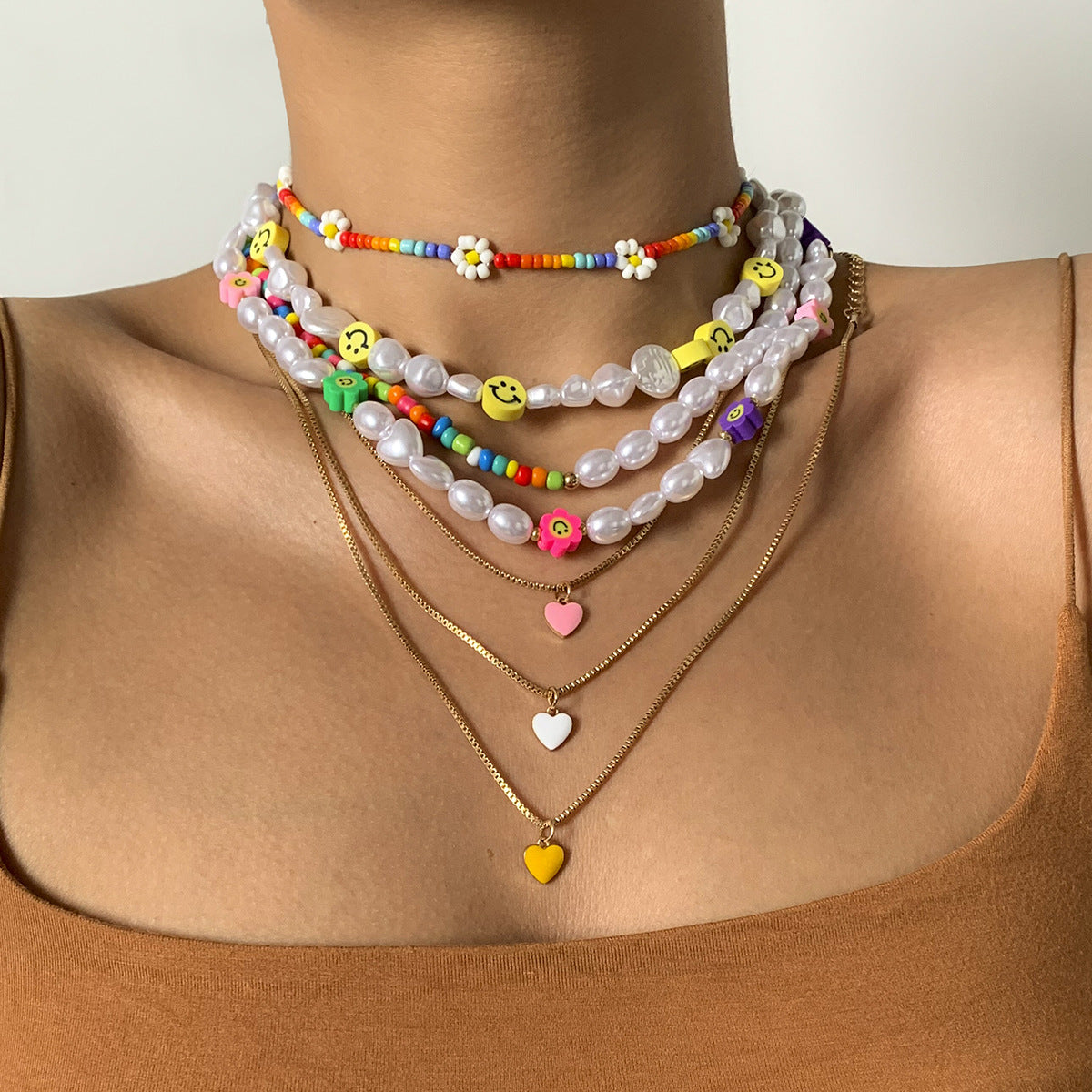 Minimalist Drip Oil Heart Pendant Floral Beaded Ball Chain Necklace for Women