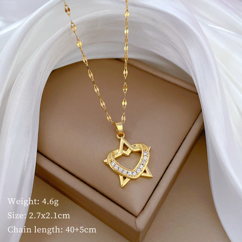 Minimalist Heart and Star Geometric Pendant Necklace in Titanium Steel with Rhinestone Accents for Women and Unisex Wear
